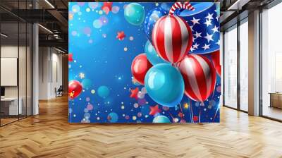 USA Independence day colored background 4th of july with flag, firework and balloons, illustration Wall mural