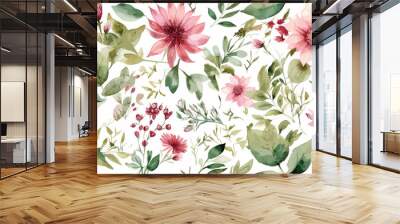 Vector art beautiful seamless pattern flowers and leaves watercolor. Wall mural