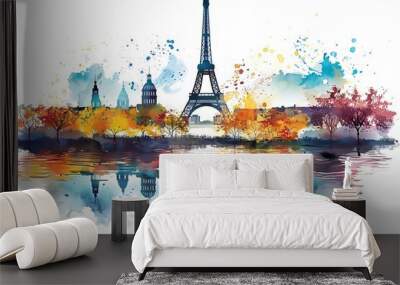 Watercolor Aesthetics of the Eiffel tower with colorful sunset in the background Wall mural