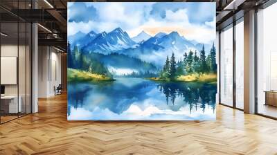 Watercolor landscape with mountains, forest and river in front. beautiful landscape. Wall mural