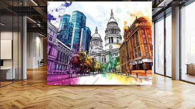 Watercolor sketch or illustration of a beautiful view of St. Paul's Cathedral and other urban architecture in London in England. Wall mural