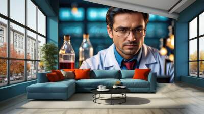 Male Chemist. Portrait of male scientist in lab coat and eyeglasses working on laptop computer. Wall mural