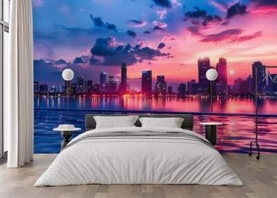 Miami Skyline at Dusk, Waterfront Views with Reflective Buildings, Vibrant Urban Landscape with Sunset Hues Wall mural