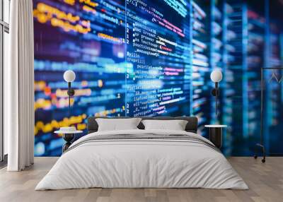 Modern technology and coding concept, visualized with a digital blue background filled with binary data and programming symbols Wall mural