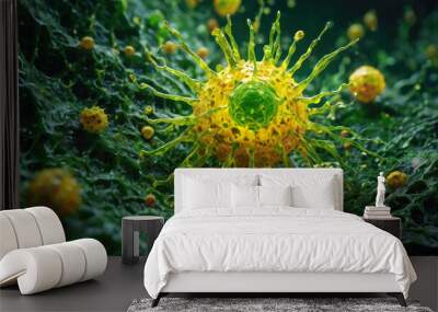 Mpox or Monkey pox virus in a green background, virus cells. Wall mural