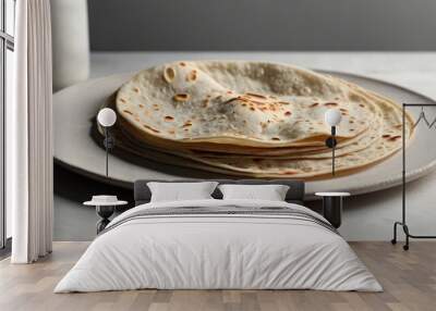 Plate with tasty tortillas on table, closeup. Space for text Wall mural