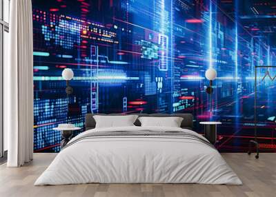 Through the Digital Maze, An Abstract Journey Through the Network of Tomorrow, Paved with Lights and Data Wall mural