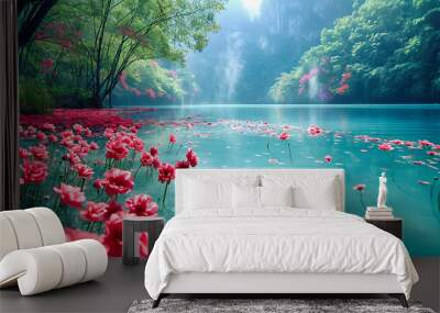 Tranquil waterfall in a lush forest, capturing the serene beauty and freshness of a tropical paradise in nature Wall mural