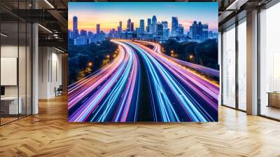 Urban Night Highway: Cityscape with Fast-Moving Traffic and Light Trails, Perfect for Modern Transportation and Architecture Wall mural