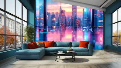 Vibrant city nightscape, modern skyscrapers illuminated by neon lights, reflecting in the water Wall mural