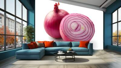 Whole and half of sliced red onion isolated on white background. Generative AI Wall mural