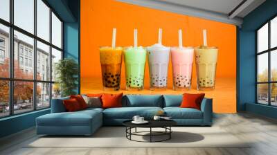  Boba frappe milk tea with tapioca pearls. Wall mural