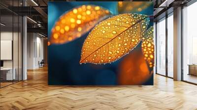 Close-up of orange leaves with raindrops in soft focus background. Wall mural