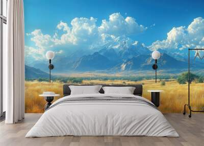 Scenic mountain landscape with vibrant clouds and golden grass. Wall mural