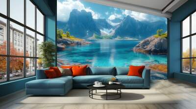 Serene mountain landscape with clear blue water and rocky shores. Wall mural