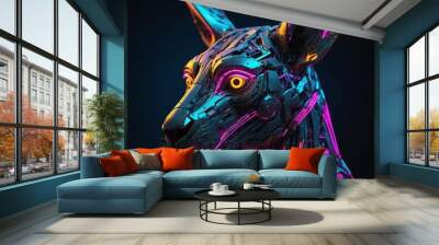 Abstract neon light Cyborg Australian Kangaroo, glowing space background Wall mural