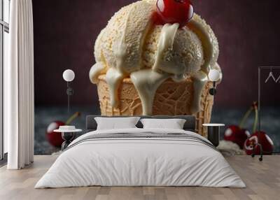 Creamy delight, delicious vanilla ice cream in waffle cone and cup with topping, cinematic food photography Wall mural