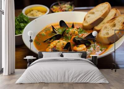 French bouillabaisse stew, full of Mediterranean seafood and tomatoes, cinematic food photography Wall mural