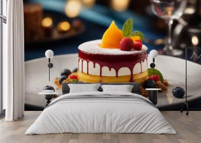 Michelin starred dessert at fine dining restaurant, sweet food photography with cinematic background Wall mural