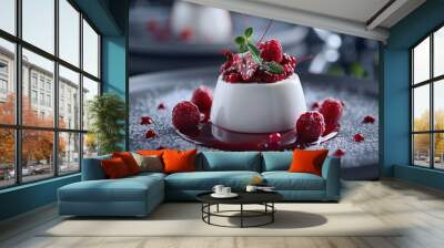 Michelin starred dessert at fine dining restaurant, sweet food photography with cinematic background Wall mural