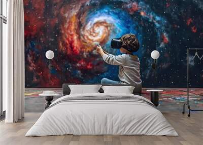 A child artist paints while wearing a virtual reality headset. Wall mural