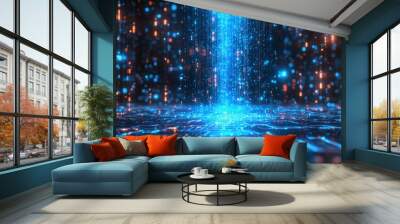 A glowing blue light beam rises from a digital landscape with circuit-like lines in a dark setting. Wall mural