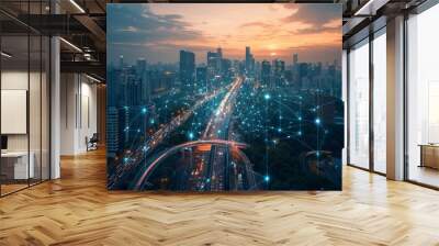 A modern city skyline with a network of electric vehicle charging stations scattered throughout. Wall mural