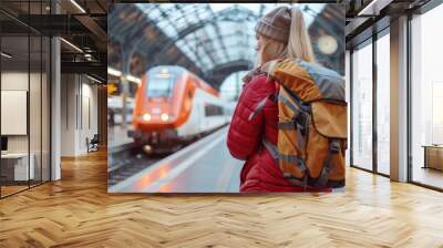 A woman standing on a platform at a bustling train station, with a train arriving in the background. Wall mural