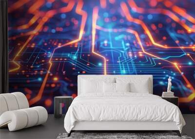 Abstract digital technology background with glowing circuits and lines. Wall mural