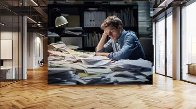 businessman Leaning in his work chair he looked bored on work desk documents Wall mural