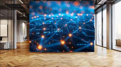 Futuristic blueprint of a digital network with glowing lines and nodes for connections and data exchange. Wall mural