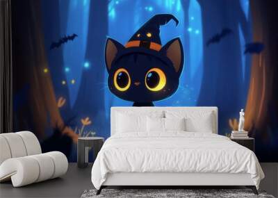 Illustration of a Black Cat with a Witch Hat on a Glowing Pumpkin. Wall mural