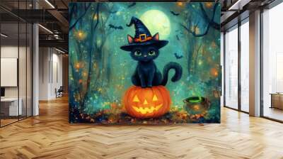 Illustration of a Black Cat with a Witch Hat on a Glowing Pumpkin. Wall mural