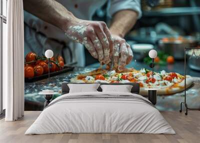 Pizza chef finishing the preparing of in professional pizzeria restaurant kitchen. Wall mural