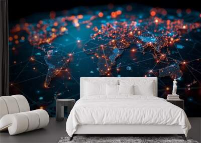 The interconnectedness of the world through the internet, with colorful lines and dots. Wall mural