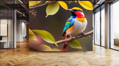 Beautiful bird on a tree, the background is multicolor, colorful birds sitting on a tree Wall mural