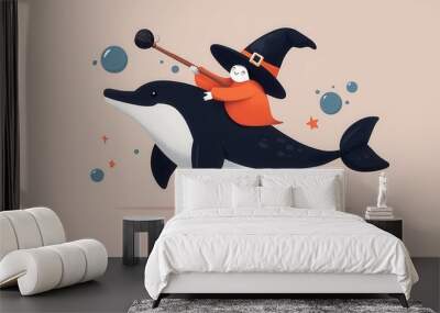 Dolphin in a witch costume, swimming with magical bubbles, flat design illustration Wall mural