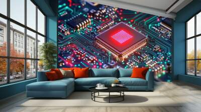 Encrypted microchip with firewall elements, cyber defense technology, 3D illustration Wall mural