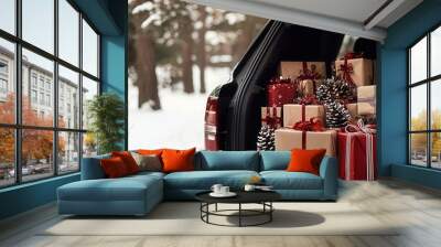 A car's trunk filled with beautifully wrapped Christmas gifts amidst a snowy forest scene, embodying a festive and joyful atmosphere. Wall mural