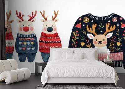 A cheerful display of colorful holiday sweaters featuring reindeer designs, perfect for festive celebrations and cozy winter fashion. Wall mural