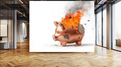 A piggy bank is engulfed in flames, representing financial destruction and loss. Wall mural