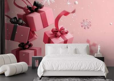 Charming pink gift boxes adorned with ribbons, set against a festive winter background with subtle snowflakes. Wall mural