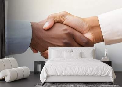 Two hands shaking, signifying agreement and collaboration, white background. Wall mural