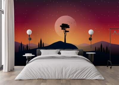 Landscape of silhouette tree with full moon and night sky background Wall mural