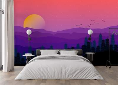 Sunset landscape with mountain and sky illustration Wall mural