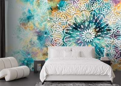 Abstract mandala graphic design and watercolor digital art painting for ancient geometric concept background Wall mural