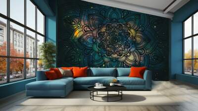 Abstract mandala graphic design and watercolor digital art painting for ancient geometric concept background Wall mural