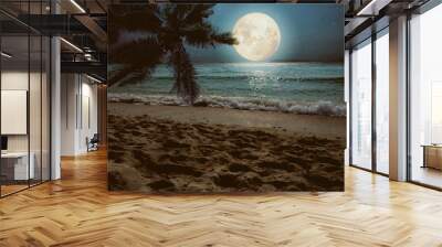 Beautiful fantasy tropical beach with star and full moon in night skies (seascape) - Retro style artwork with vintage color tone Wall mural