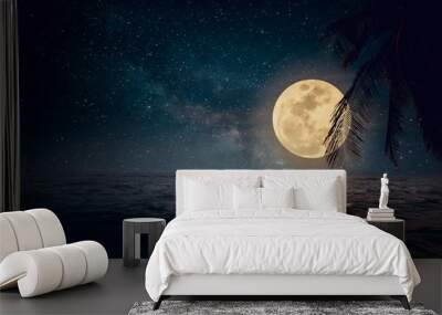 Beautiful fantasy tropical beach with star and full moon in night skies - Retro style artwork with vintage color tone Wall mural