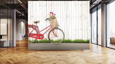 bicycle vintage with bouquet flower concept of love in summer and wedding honeymoon, white wood background Wall mural